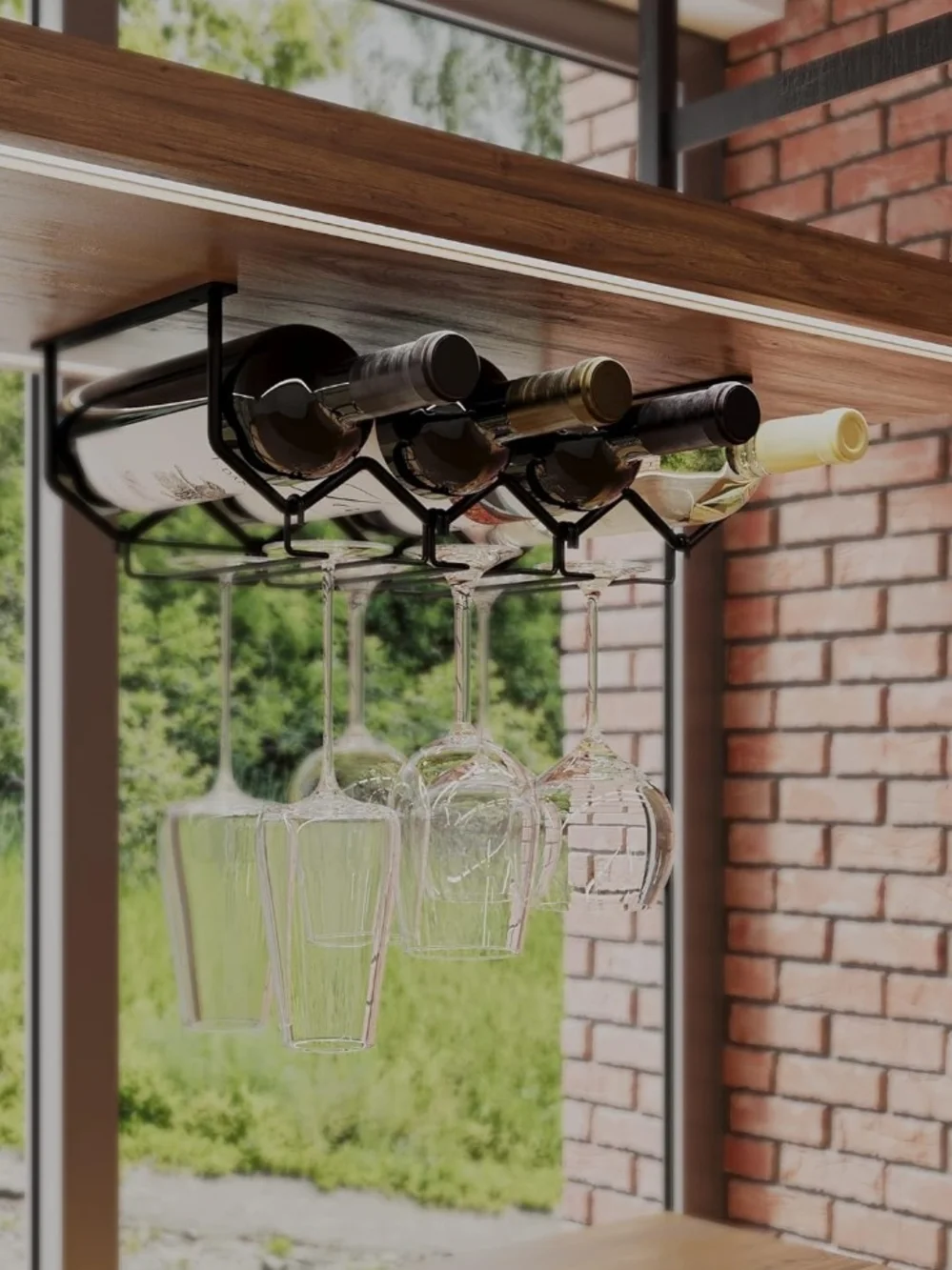 Set of 2 Under Cabinet Black Metal Wine Rack Holder 8 Bottle 12 Glass Stemware